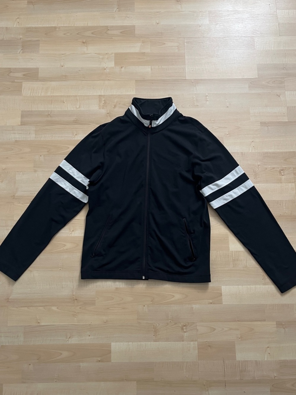 Lululemon Men's Black Zip Jacket with White Stripes